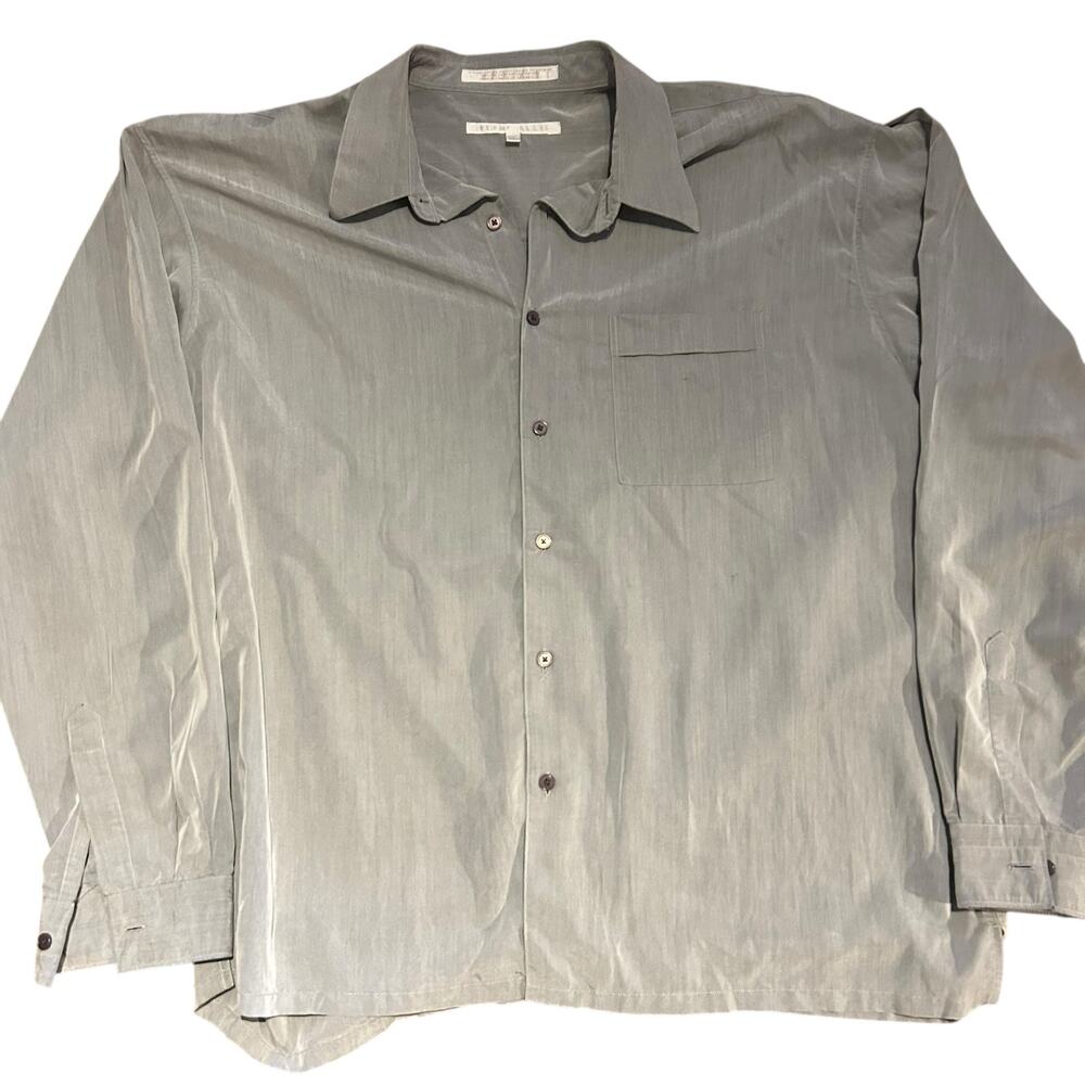 Perry Ellis Mens Shirt XL Gray Sateen Long Sleeve Pocket Button Down Preppy